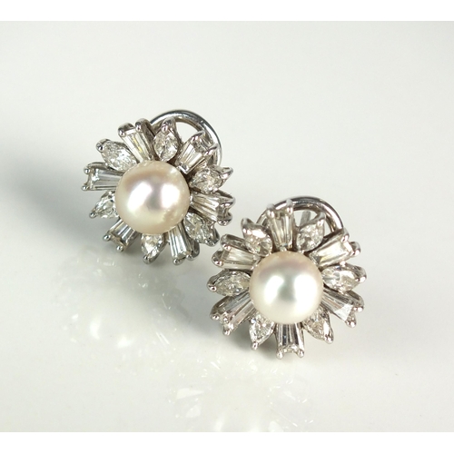 23 - A pair of cultured pearl and diamond earrings, each designed as a central single cultured pearl moun... 