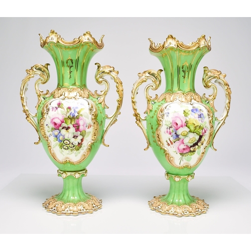 230 - A pair of Coalport twin-handled vases, circa 1830-40 the apple green grounds with peachy yellow acce... 