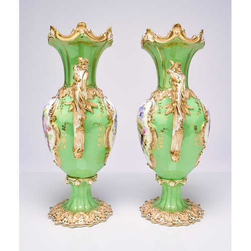 230 - A pair of Coalport twin-handled vases, circa 1830-40 the apple green grounds with peachy yellow acce... 