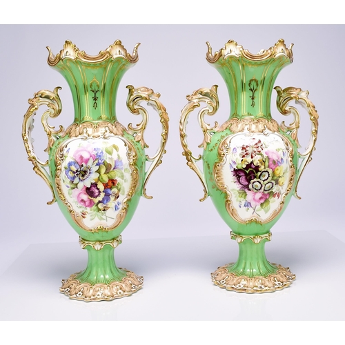 230 - A pair of Coalport twin-handled vases, circa 1830-40 the apple green grounds with peachy yellow acce... 