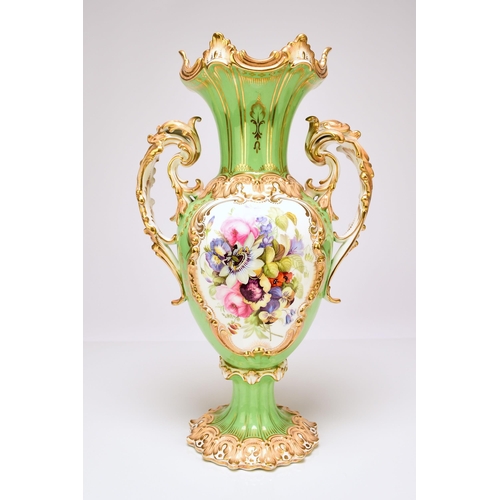 230 - A pair of Coalport twin-handled vases, circa 1830-40 the apple green grounds with peachy yellow acce... 