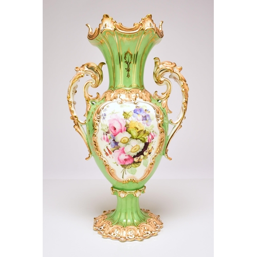 230 - A pair of Coalport twin-handled vases, circa 1830-40 the apple green grounds with peachy yellow acce... 