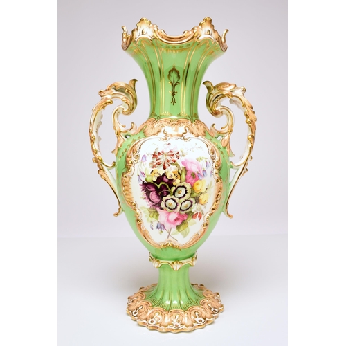 230 - A pair of Coalport twin-handled vases, circa 1830-40 the apple green grounds with peachy yellow acce... 