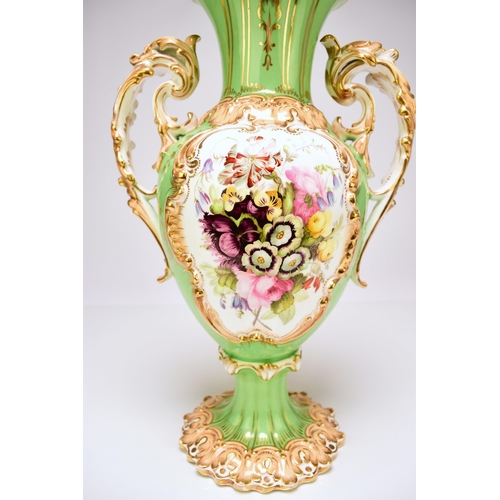 230 - A pair of Coalport twin-handled vases, circa 1830-40 the apple green grounds with peachy yellow acce... 