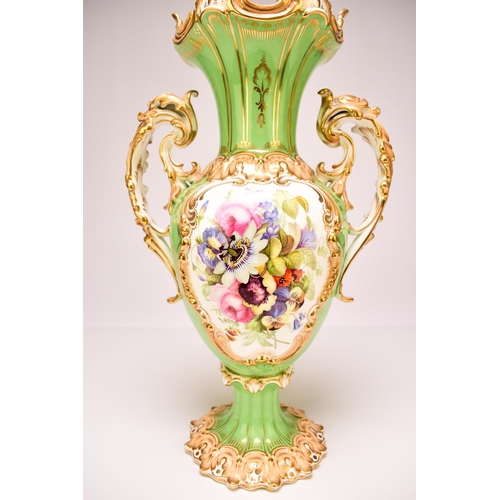 230 - A pair of Coalport twin-handled vases, circa 1830-40 the apple green grounds with peachy yellow acce... 