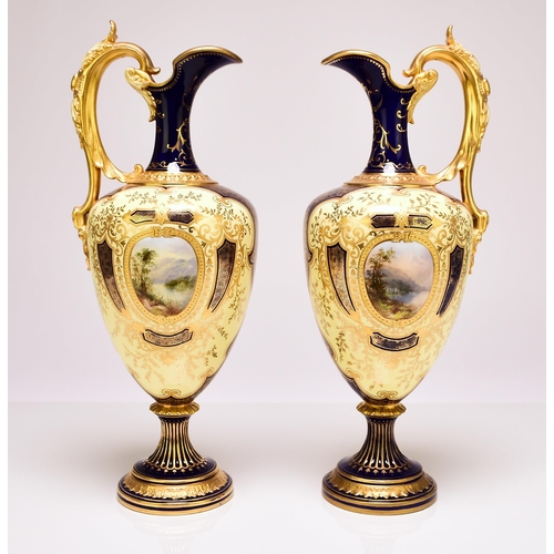 232 - A pair of good quality Coalport ewers, early 20th century, of baluster form with gilt scrolling hand... 