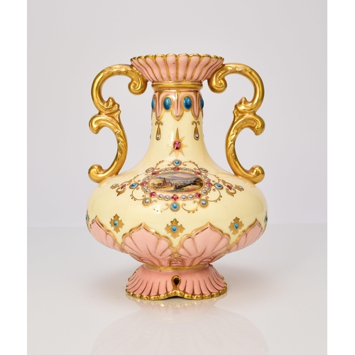 234 - A Coalport 'jewelled' vase, circa 1881-1890 of twin-handled form, the yellow and pink ground painted... 