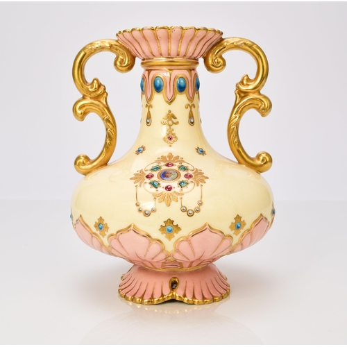 234 - A Coalport 'jewelled' vase, circa 1881-1890 of twin-handled form, the yellow and pink ground painted... 