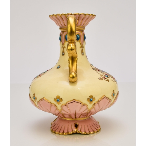 234 - A Coalport 'jewelled' vase, circa 1881-1890 of twin-handled form, the yellow and pink ground painted... 