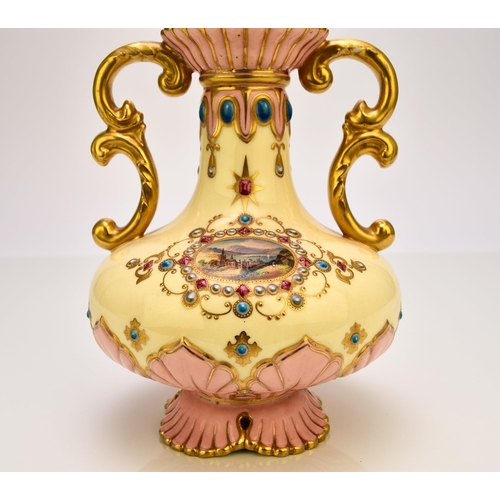 234 - A Coalport 'jewelled' vase, circa 1881-1890 of twin-handled form, the yellow and pink ground painted... 