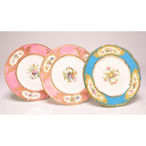 238 - Three Coalport plates, circa 1841-63, of shaped, circular form, comprising a pair with rose pompadou... 