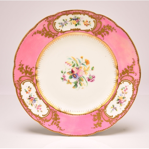 238 - Three Coalport plates, circa 1841-63, of shaped, circular form, comprising a pair with rose pompadou... 