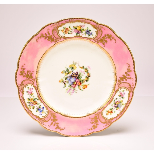 238 - Three Coalport plates, circa 1841-63, of shaped, circular form, comprising a pair with rose pompadou... 