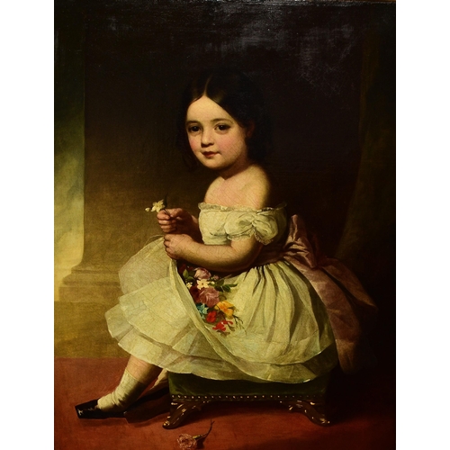 268 - English School (c.1830) Portrait of a Young Girl seated on a green velvet stool, holding flowers in ... 