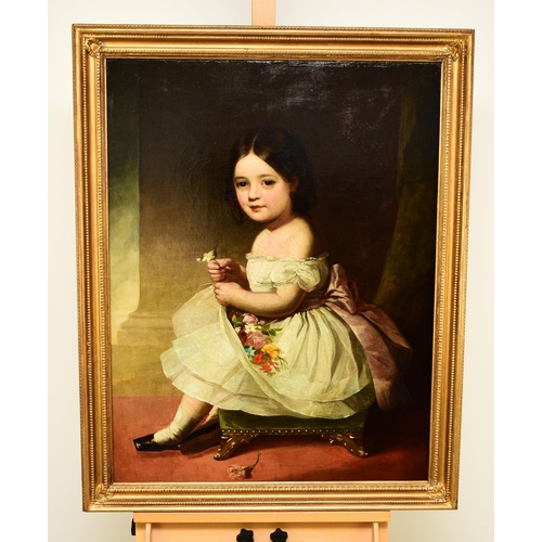 268 - English School (c.1830) Portrait of a Young Girl seated on a green velvet stool, holding flowers in ... 