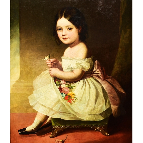 268 - English School (c.1830) Portrait of a Young Girl seated on a green velvet stool, holding flowers in ... 