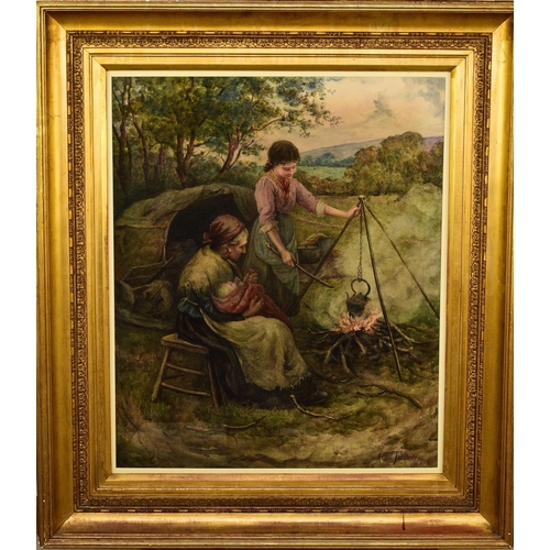 280 - Annie Taverner (fl. 1897-1914) Traveller Family Cooking over a Campfire, signed and dated 1906 lower... 