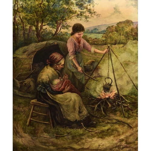 280 - Annie Taverner (fl. 1897-1914) Traveller Family Cooking over a Campfire, signed and dated 1906 lower... 