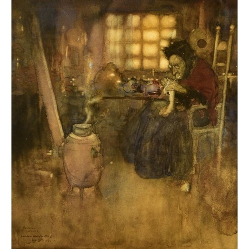 281 - Edmund Dulac (1882-1953) Old Woman Knitting in front of a Brazier, signed and inscribed 'London Sket... 