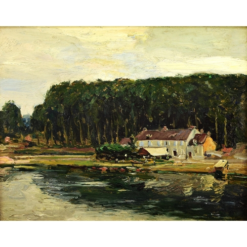 285 - Alexander Jamieson (1873-1937) Village on the Seine, signed verso, oil on panel, 31 x 40 cm, frame 3... 