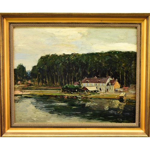 285 - Alexander Jamieson (1873-1937) Village on the Seine, signed verso, oil on panel, 31 x 40 cm, frame 3... 