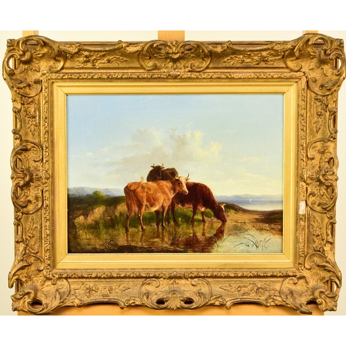 290 - Thomas Sidney Cooper RA (1803-1902) Three Cows Watering in a Dune Landscape, signed lower left, 1877... 