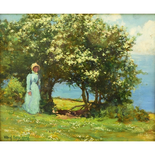 294 - Alexander Wellwood Rattray (1849-1902) Lady in a Blue Dress standing beneath Blossom Trees, signed l... 