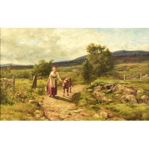 296 - Attributed to James Hamilton (Scottish 1853-1894) Young Girl leading a Calf down a Country Track, si... 