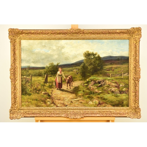 296 - Attributed to James Hamilton (Scottish 1853-1894) Young Girl leading a Calf down a Country Track, si... 