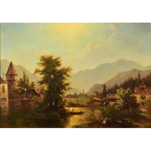 297 - Herman Ludwig Seefisch (German 1816-1879) Alpine Waterside Town, with a youth fishing in a rowing bo... 