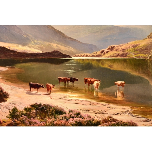 298 - Sidney Richard Percy (1821-1886) Cattle Watering at a Lochside, peasants at ease in the foreground, ... 