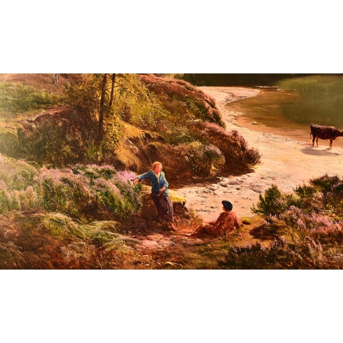 298 - Sidney Richard Percy (1821-1886) Cattle Watering at a Lochside, peasants at ease in the foreground, ... 