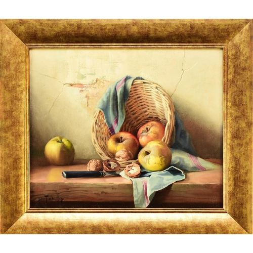 307 - Robert Chailloux (1913-2006) Still Life Study of Apples and Walnuts with a Wicker Basket, signed low... 