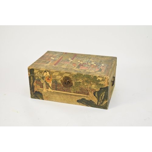 311 - A Chinese painted trunk, 19th century Of rectangular outline with brass hasp and carrying handles, p... 