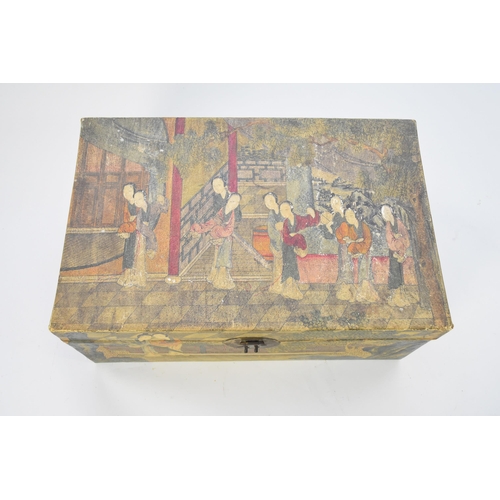 311 - A Chinese painted trunk, 19th century Of rectangular outline with brass hasp and carrying handles, p... 