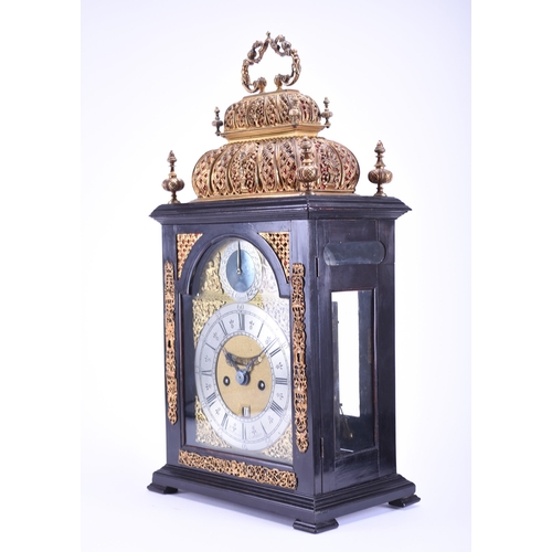 320 - A fine and rare early 18th century ebonised quarter repeating double basket top bracket clock James ... 