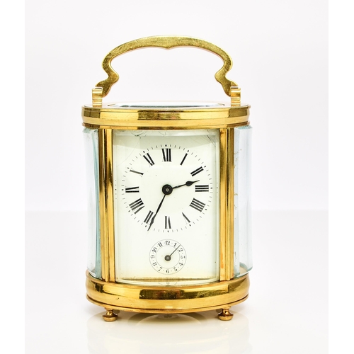 326 - A French brass oval carriage alarm clock, early 20th century The 2 1/4in white enamel dial with Roma... 