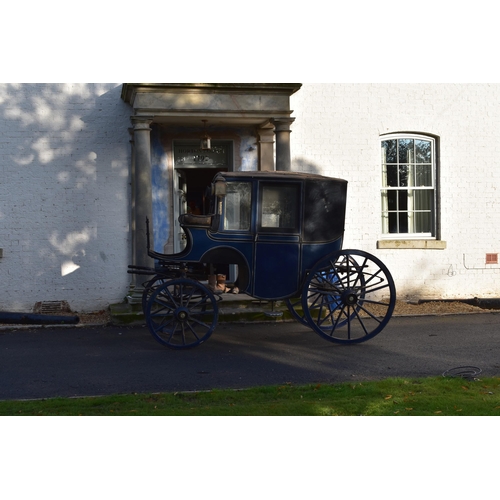 361 - A single Brougham type horse-drawn carriage, late 19th/early 20th century painted Royal blue and bla... 