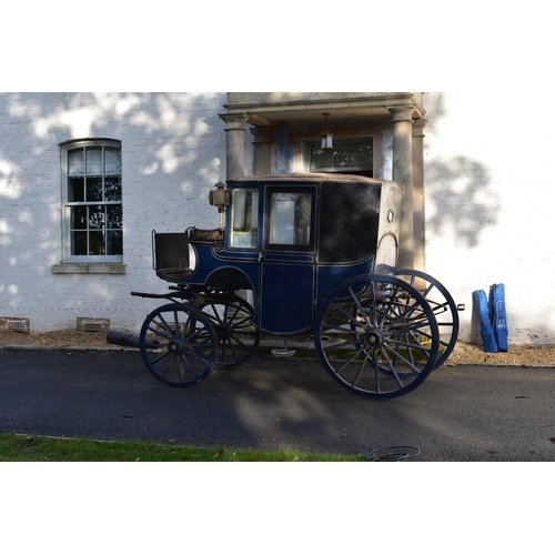 361 - A single Brougham type horse-drawn carriage, late 19th/early 20th century painted Royal blue and bla... 