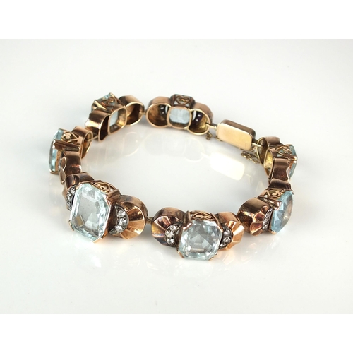 39 - A mid-20th century graduated aquamarine bracelet, designed as seven rectangular faceted aquamarines ... 