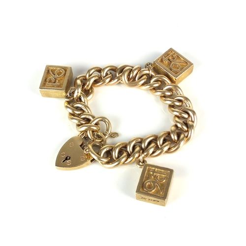 42 - A 9ct gold curb link bracelet with three attached 9ct gold '1/2 oz' ingots, the with heart shaped pa... 