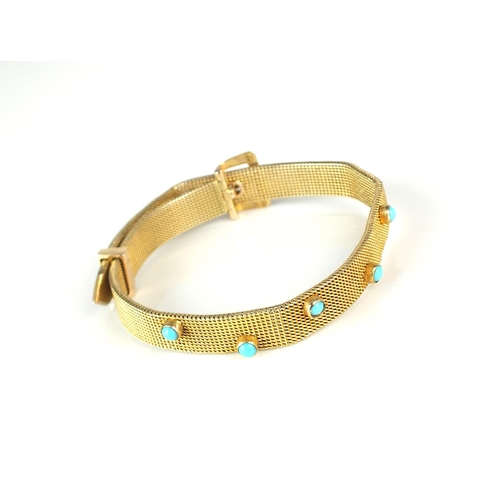 47 - A stylised buckle turquoise set bracelet, the yellow metal mesh link bracelet set with six circular ... 