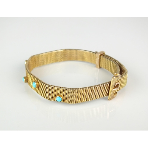 47 - A stylised buckle turquoise set bracelet, the yellow metal mesh link bracelet set with six circular ... 