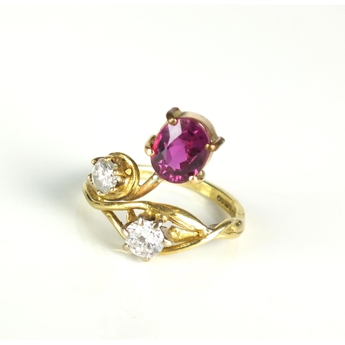 52 - An 18ct gold untested pink sapphire and diamond ring, designed as an oval mixed cut untested pink sa... 