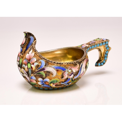 6 - A Russian silver and cloisonne enamel kovsh, Maria Semenova, Moscow, circa 1900, the kovsch of tradi... 