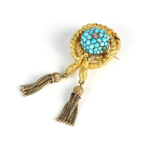 84 - A late 19th century Etruscan revival turquoise and diamond brooch, designed as a turquoise set dome ... 