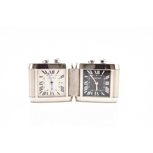 122 - Cartier: A stainless steel folding dual-time alarm clock Model: Tank Francaise Reference: 2945 Date:... 