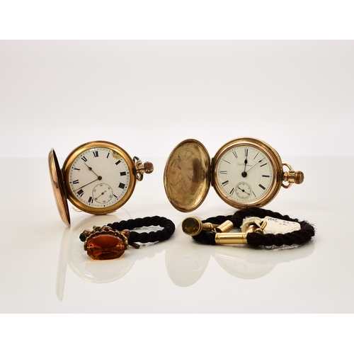 369 - A gold plated repeater hunter pocket watch, 3/4 plate movement quarter repeating on two gongs, stem ... 