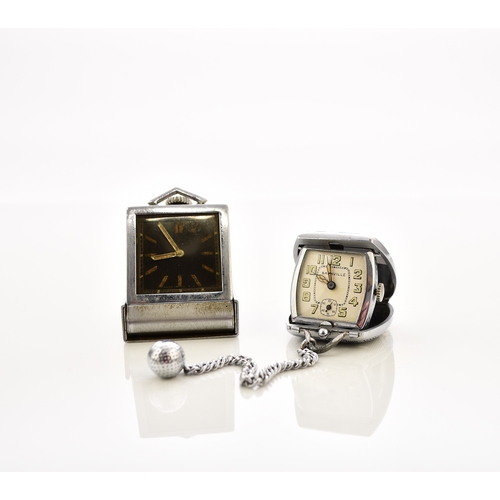 370 - Two Art Deco travel watches The first of American manufacture, the chrome plated rectangular case wi... 