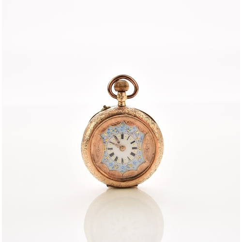 374 - A lady's 14ct gold open face fob watch Date: Circa 1910 Movement: Jewelled bridge plate, stem wind a... 